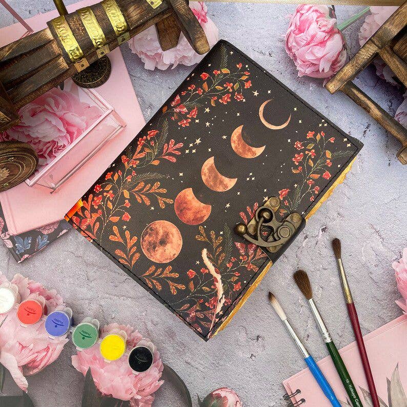 Moon Phase Handmade grimoire vintage journal book of shadows: Black