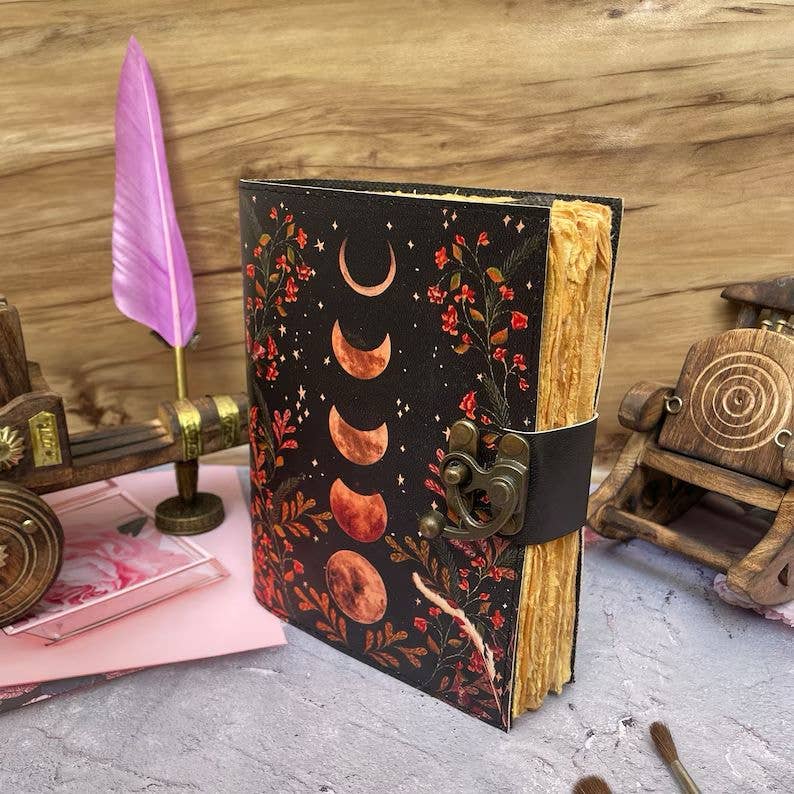 Moon Phase Handmade grimoire vintage journal book of shadows: Black